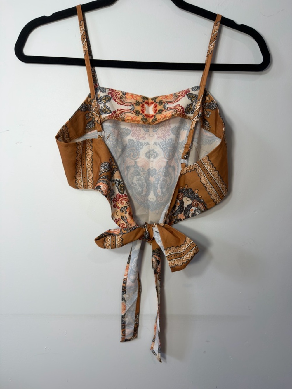 SHEIN Paisley Satin Tie-Front Camisole in Camel and Cream - Picture 3 of 4